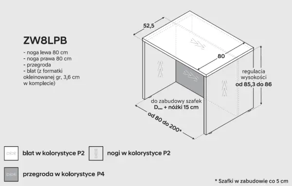 Wizualizacja wyspy w kuchni z wymiarami: blat 80 cm, wysokość regulowana 85,3-86 cm. Idealna do zabudowy szafek.