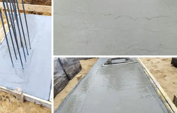 Na ławach fundamentowych widać świeży beton z prętami zbrojeniowymi oraz drobne rysy skurczowe na powierzchni.