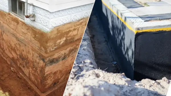 Przed i po: stara, wilgotna ściana fundamentowa obok nowej, zabezpieczonej folią fundamentową.