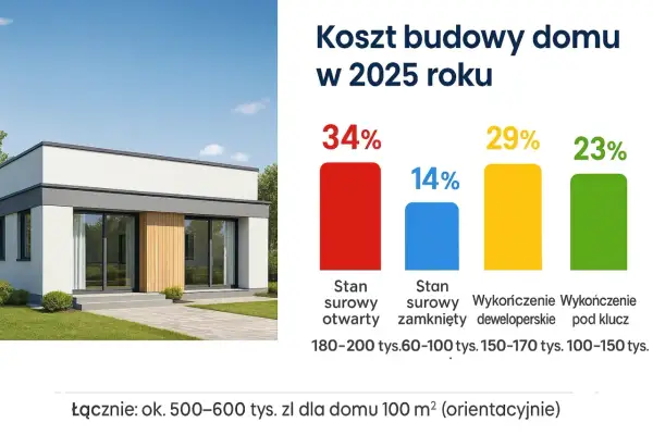 Nowoczesny dom jednorodzinny z wykresami kosztów budowy.