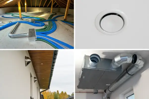 System wentylacji mechanicznej z rekuperatorem, widoczne przewody, skrzynka rozdzielcza i anemostaty na suficie i ścianie zewnętrznej.