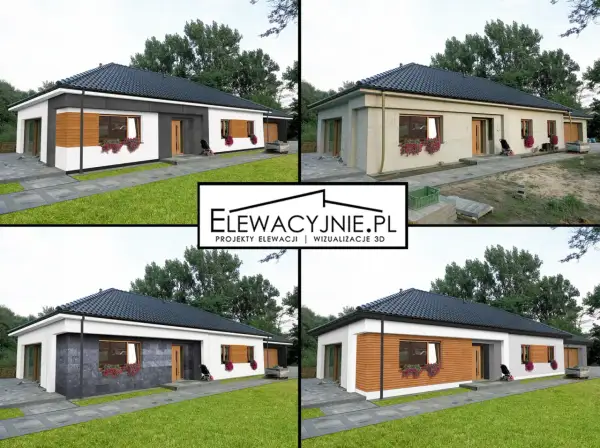 Cztery wizualizacje domu z grafitowym dachem i oknami w kolorze złoty dąb. Różne propozycje elewacji: biała z drewnem, jasny tynk, ciemny kamień, drewniana.