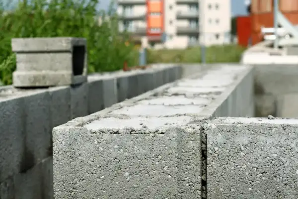 Budowa trwa. Zbrojenie pustaków szalunkowych na fundamencie. W tle budynki mieszkalne.
