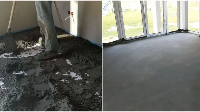Praca z suchą zaprawą cementową na budowie. Po lewej widać proces rozkładania materiału, po prawej gotową, równą posadzkę.