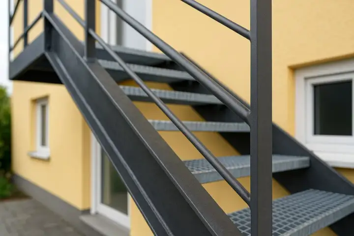 Szara, metalowa klatka schodowa z poręczą na tle żółtego budynku.