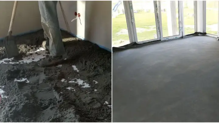 Praca z suchą zaprawą cementową na budowie. Po lewej widać proces rozkładania materiału, po prawej gotową, równą posadzkę.